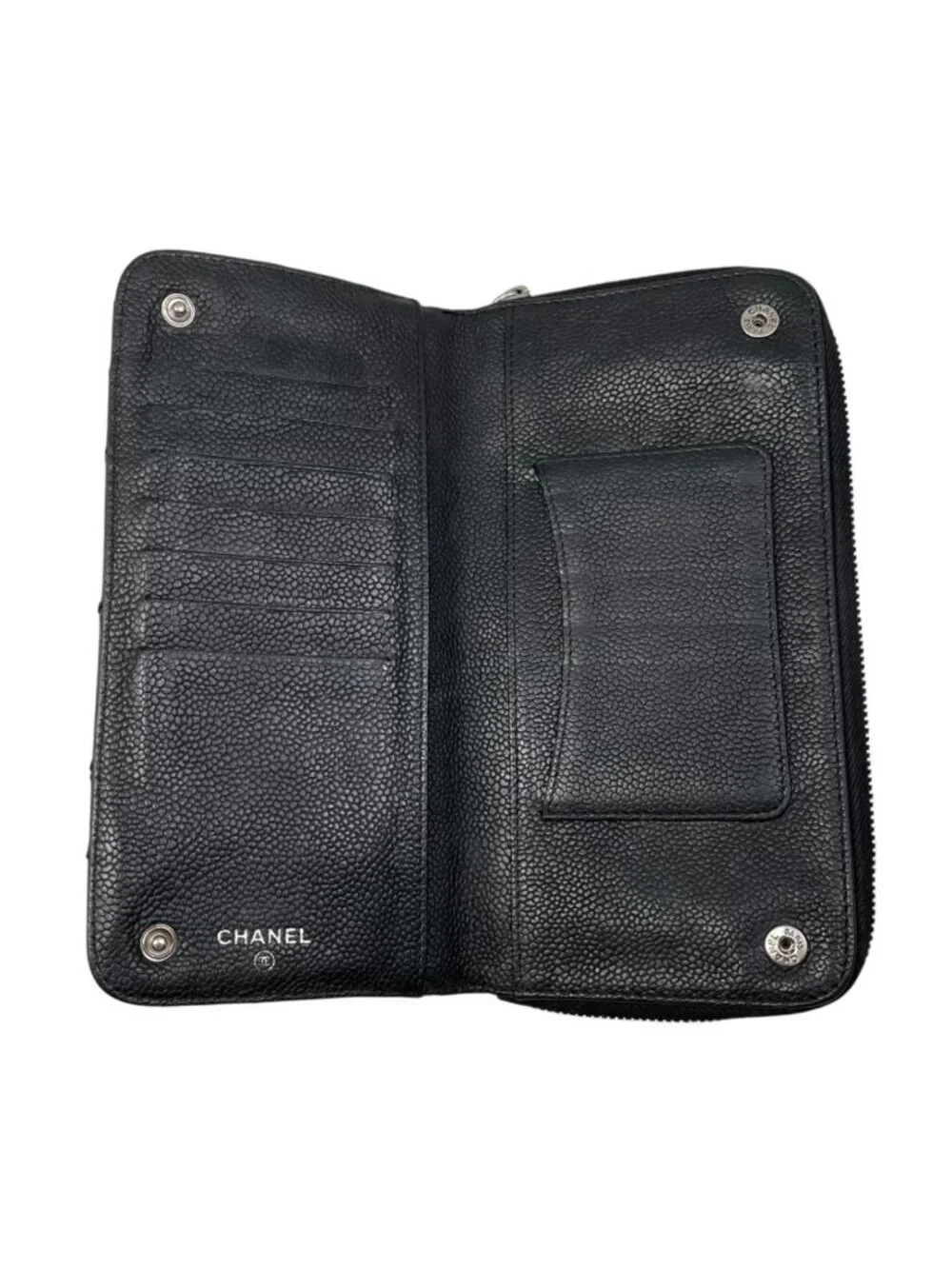 Chanel 2 Fold Wallet Wild Stitch Quilted Caviar Leather CC Logo Black Silver